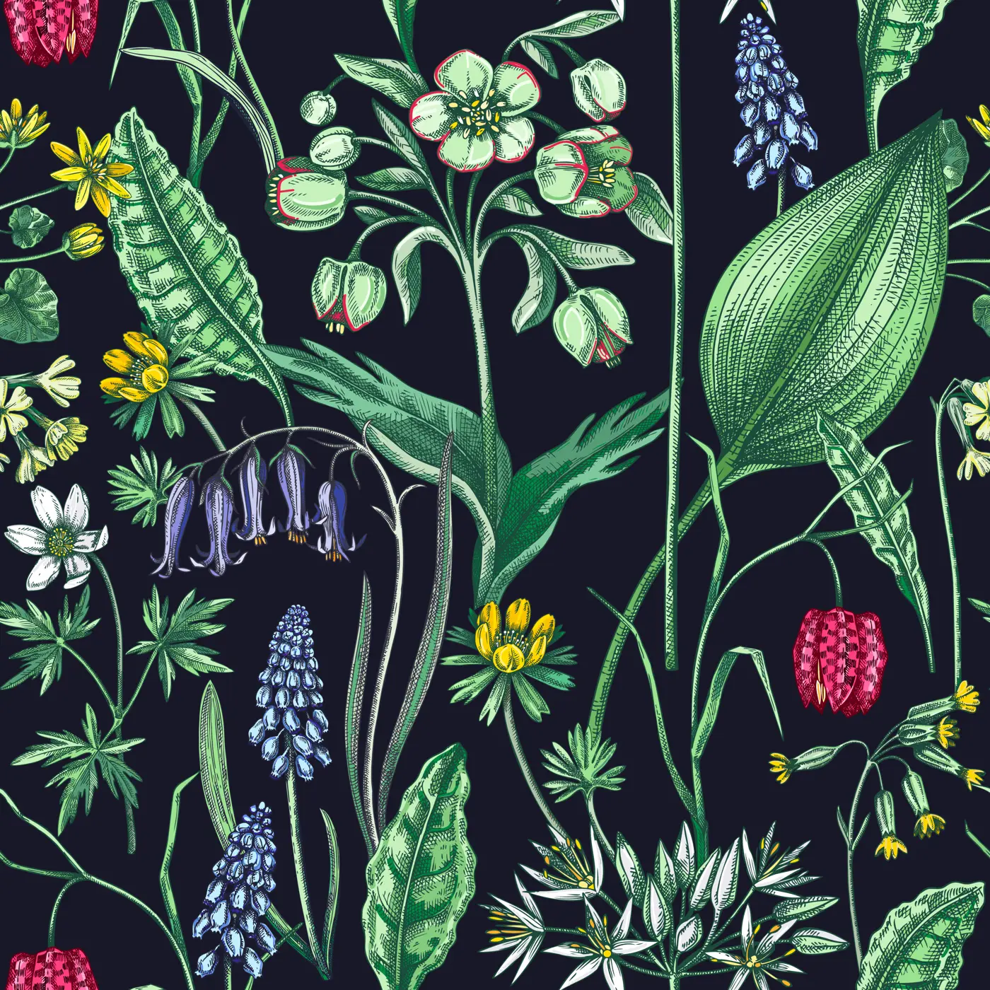 Spring flowers seamless pattern. Wildflowers background. Forest plant, greenery, wild flowers sketches. Hand drawn vector illustration. Not AI-generated Illustration
